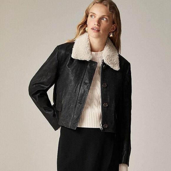 J. Crew Collection Lamb Leather Cropped Car Coat Sherpa Collar Size S NWOT - Picture 1 of 12